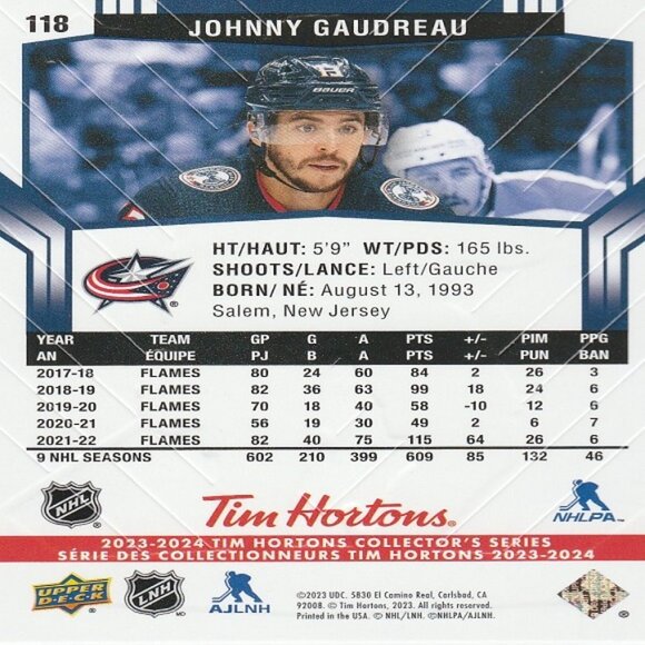 Johnny Gaudreau (Columbus) 2023/2024 Tim Hortons Collector's Series Base Card - Picture 2 of 2